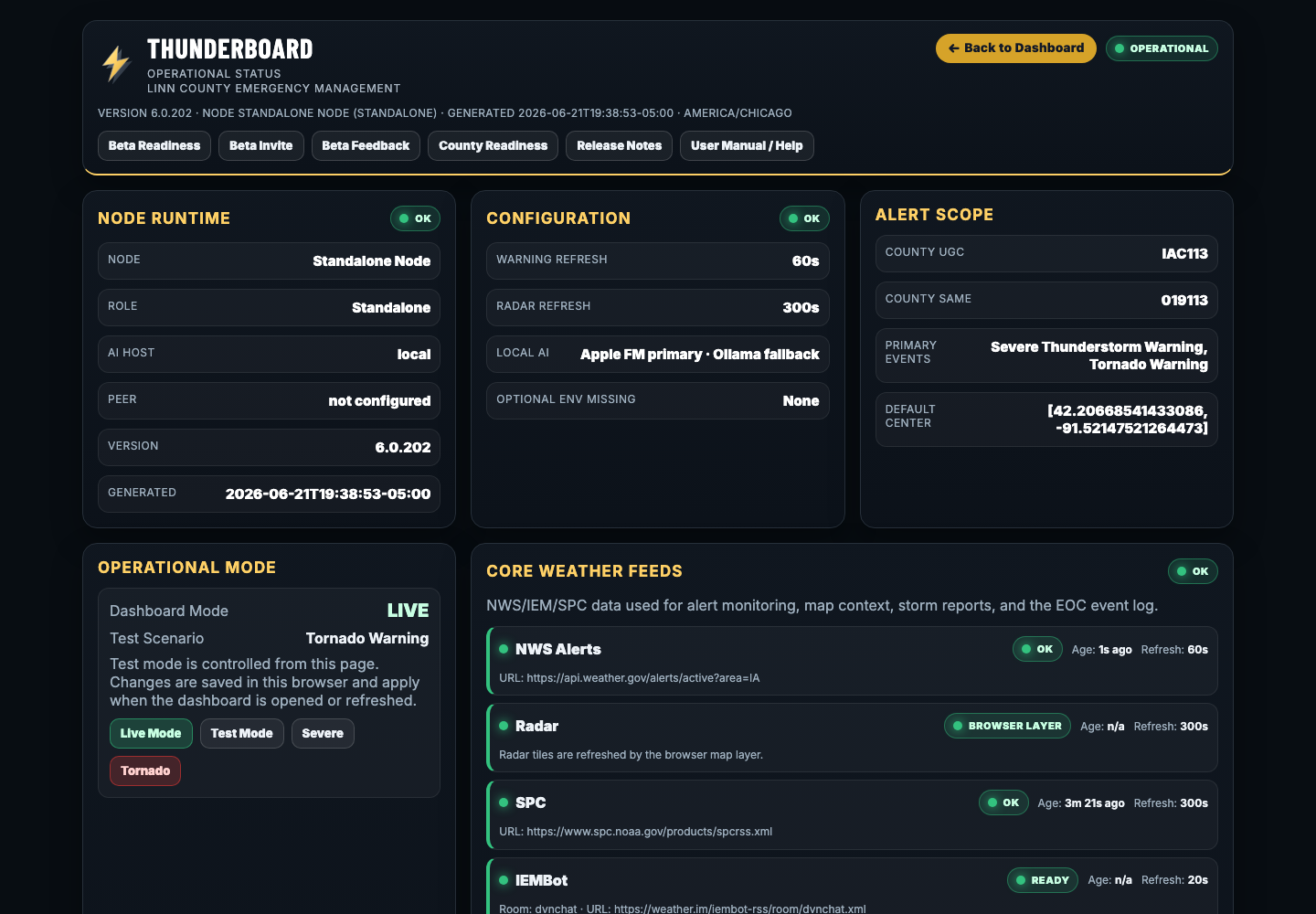 THUNDERBOARD status page